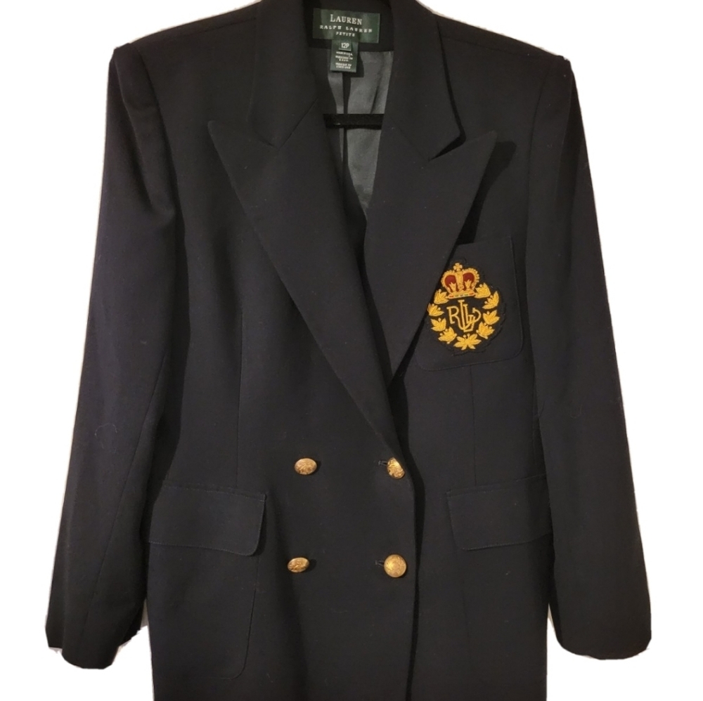 Vintage LAUREN Ralph Lauren Navy Blue Wool Blazer Jacket w/3D Crest Logo size12P